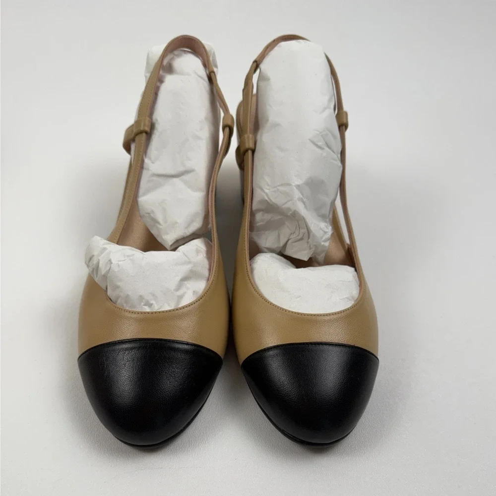 French Sole FS/NY Tuckernuck Slingback Baton Heels Camel Napa/Black Sz 7.5 NWT - Picture 2 of 9